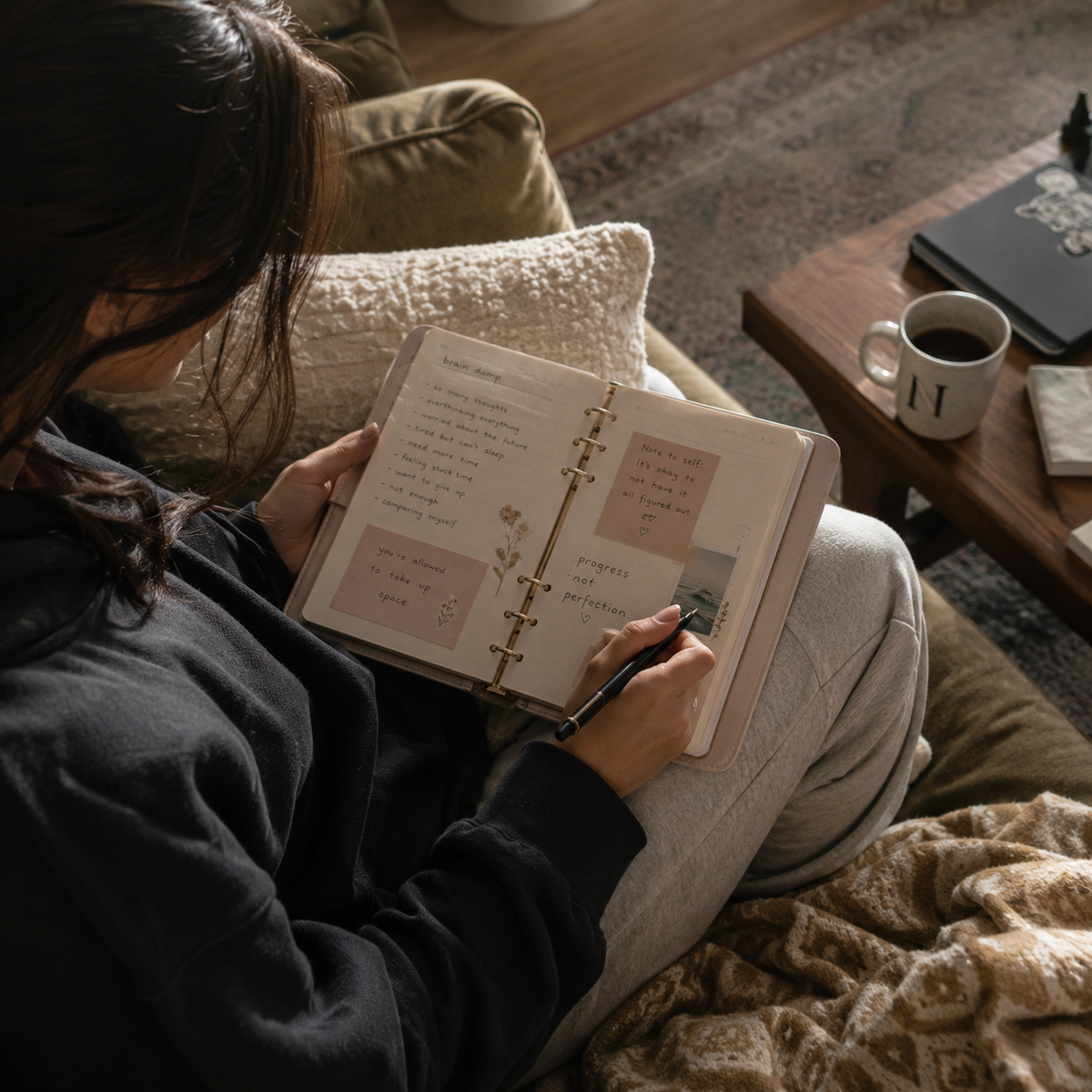 Woman writing in an open ring binder planner, Nzitelli